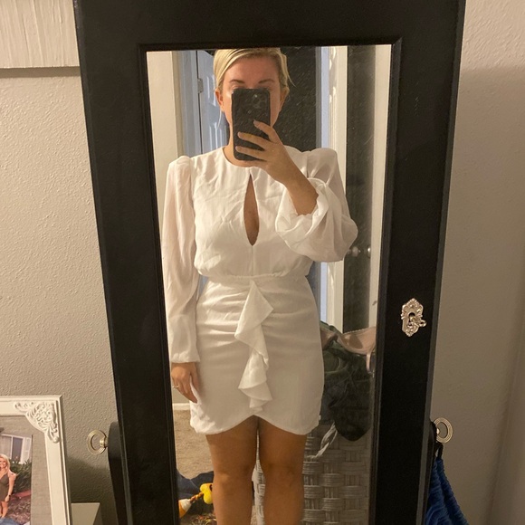 NBD White Long Sleeve Mini Dress with Keyhole Front